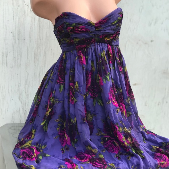Betsey Johnson silk purple rose dress babydoll vintage pinup dollbaby strapless - Picture 10 of 12
